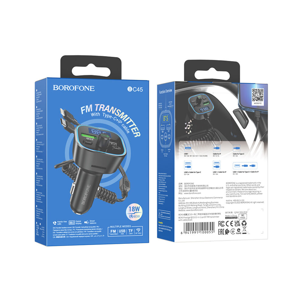 MP3 FM модулятор Borofone BC45 12-24В (QC3.0, 2гн.USB 2.1A, Bluetooth 5.0)