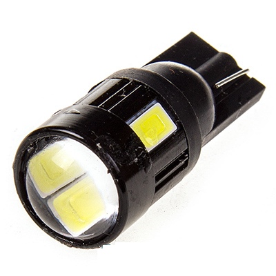 Автолампа светодиодная Т10 (W2,1-9,5d) белая, Линза 6 SMD 5630 диодов, (б/цокол) 12V черн.корп.