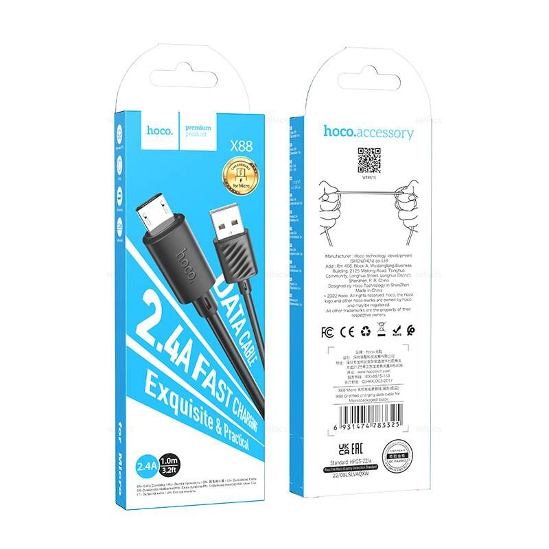 Шнур шт.microUSB-шт.USB 2,4А, 1м  Hoco X88 черный