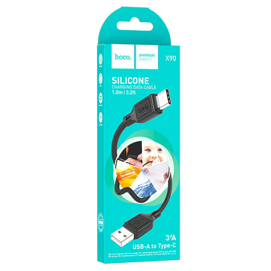 Шнур шт.Тип-С - шт.USB Hoco X90, 3A, 1м силиконовый, чёрный