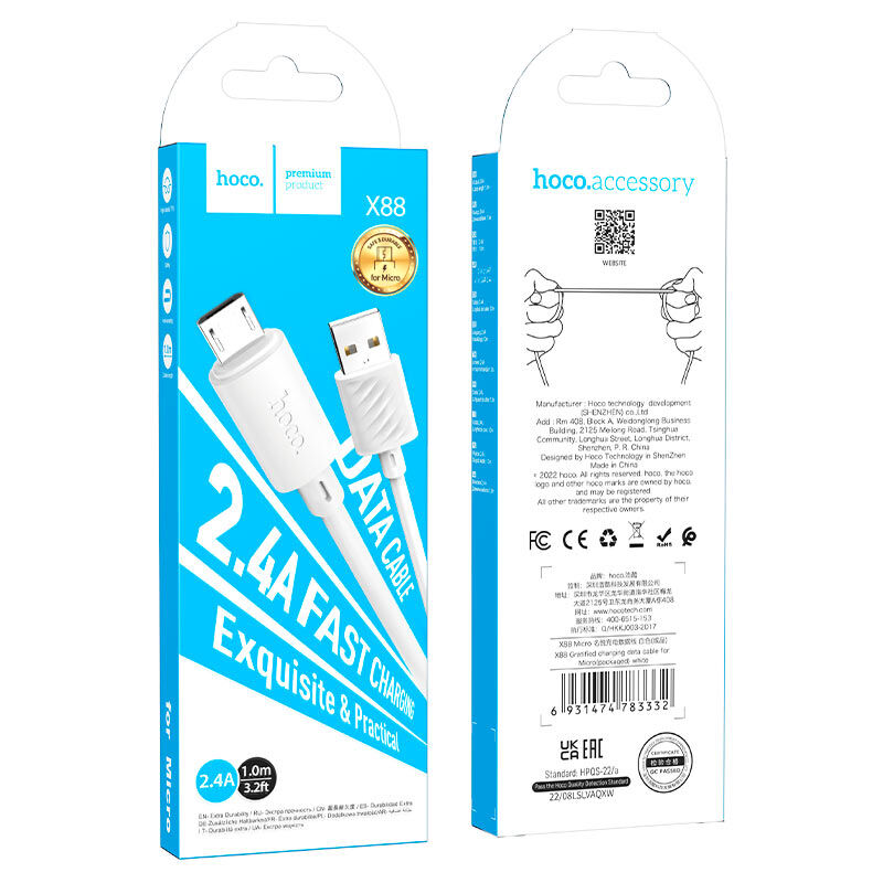 Шнур шт.microUSB-шт.USB 2,4А, 1м  Hoco X88 белый