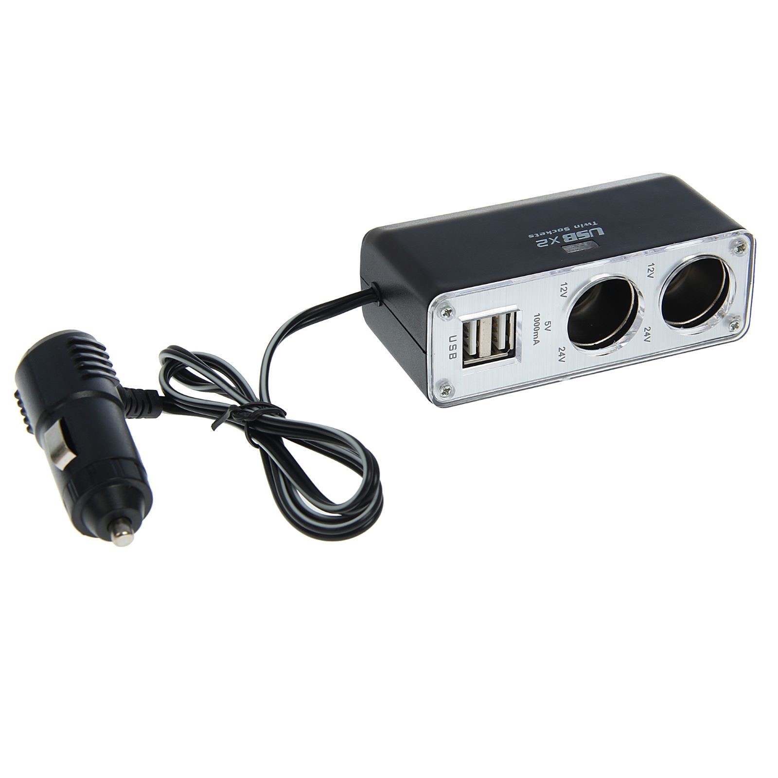 Переходник прикуривателя на 2 гнезда + 2гн.USB, 12/24V, провод 65см