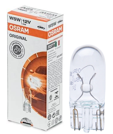 Автолампа галогенная T10 (W2,1-9,5d), W3W, 12V, 3W, Osram, (габарит, поворот, номер) б/ц.1шт