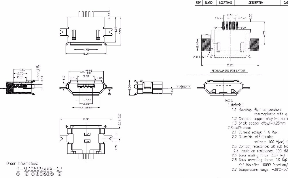 Гнездо micro USB B 5pin на плату 2 ноги прямые в сторону )(