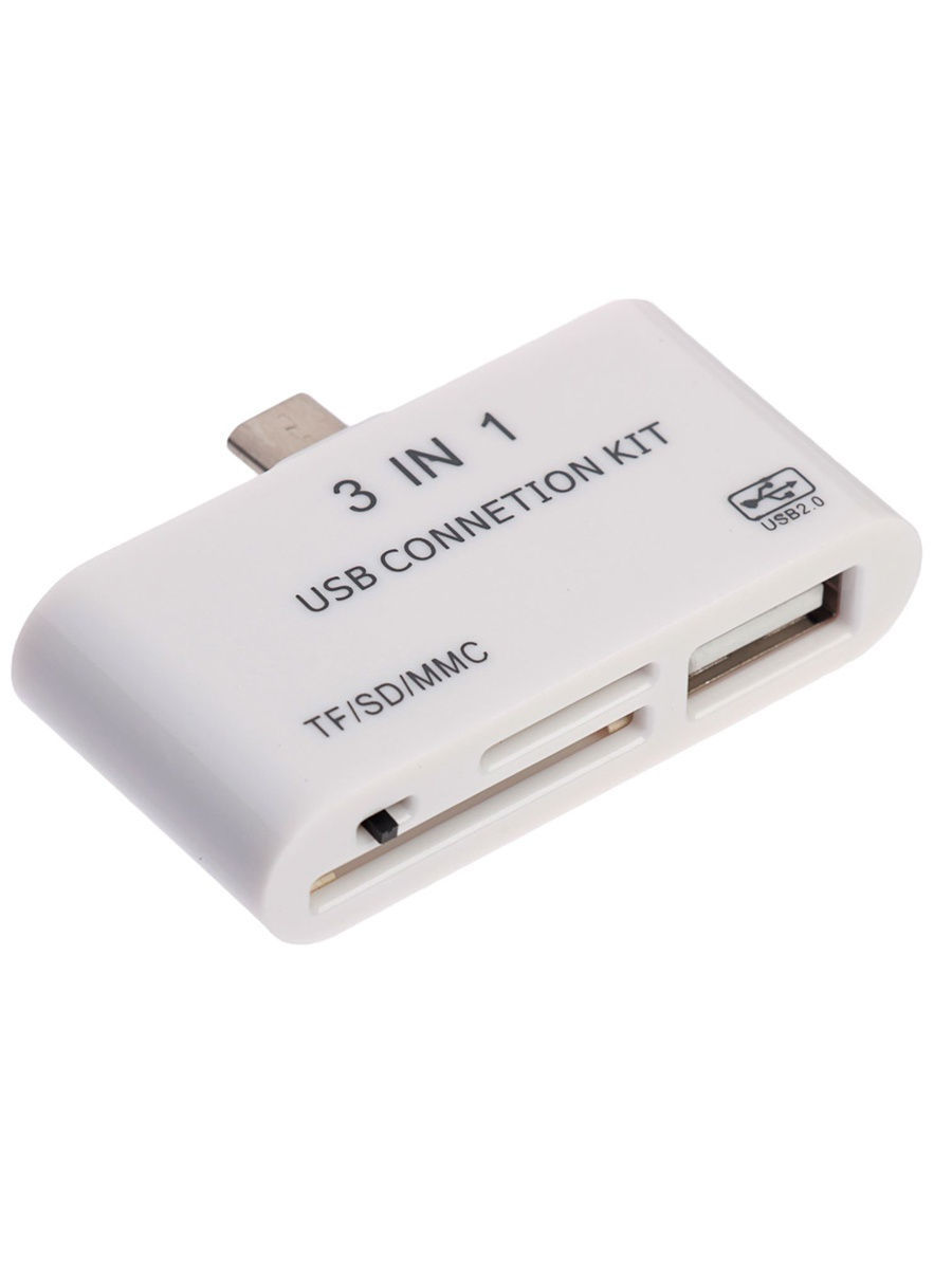 Кардридер OTG LuazON LNCR-100, адаптер micro USB, разъемы USB, microSD, SD, белый