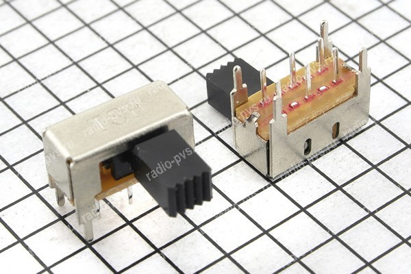 Переключатель движковый (ползунковый) 3*2pin 2полож. под 90° к ручке 15*6*5.3мм, SK22H04G8 гориз.