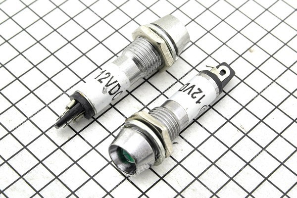 Лампочка индикатор. 12V металл цилиндр 8мм,крепеж гайка, уст 8мм, L37 мм