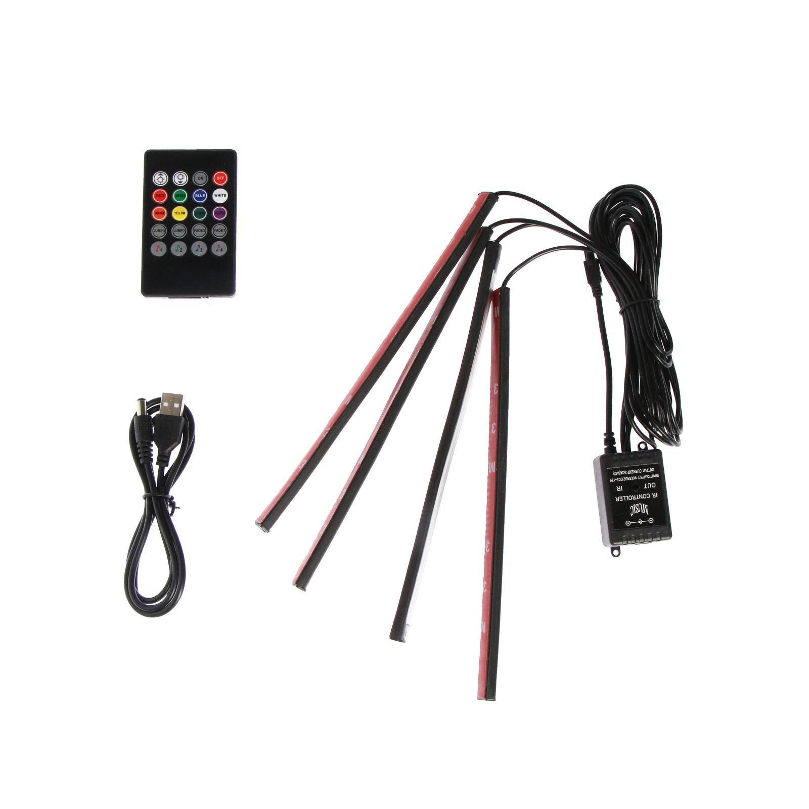 Автолампа-Подсветка салона 12 LED-5050, 22см, 4шт, пульт, светомузыка, мультисвет RGB, USB, 5V