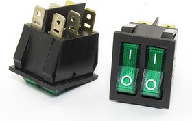 Переключатель с подсветкой 2-х клав.  IRS-2101 KCD4-202/N on-off 6pin 15А, 250В ЗЕЛ+ЗЕЛ широкий