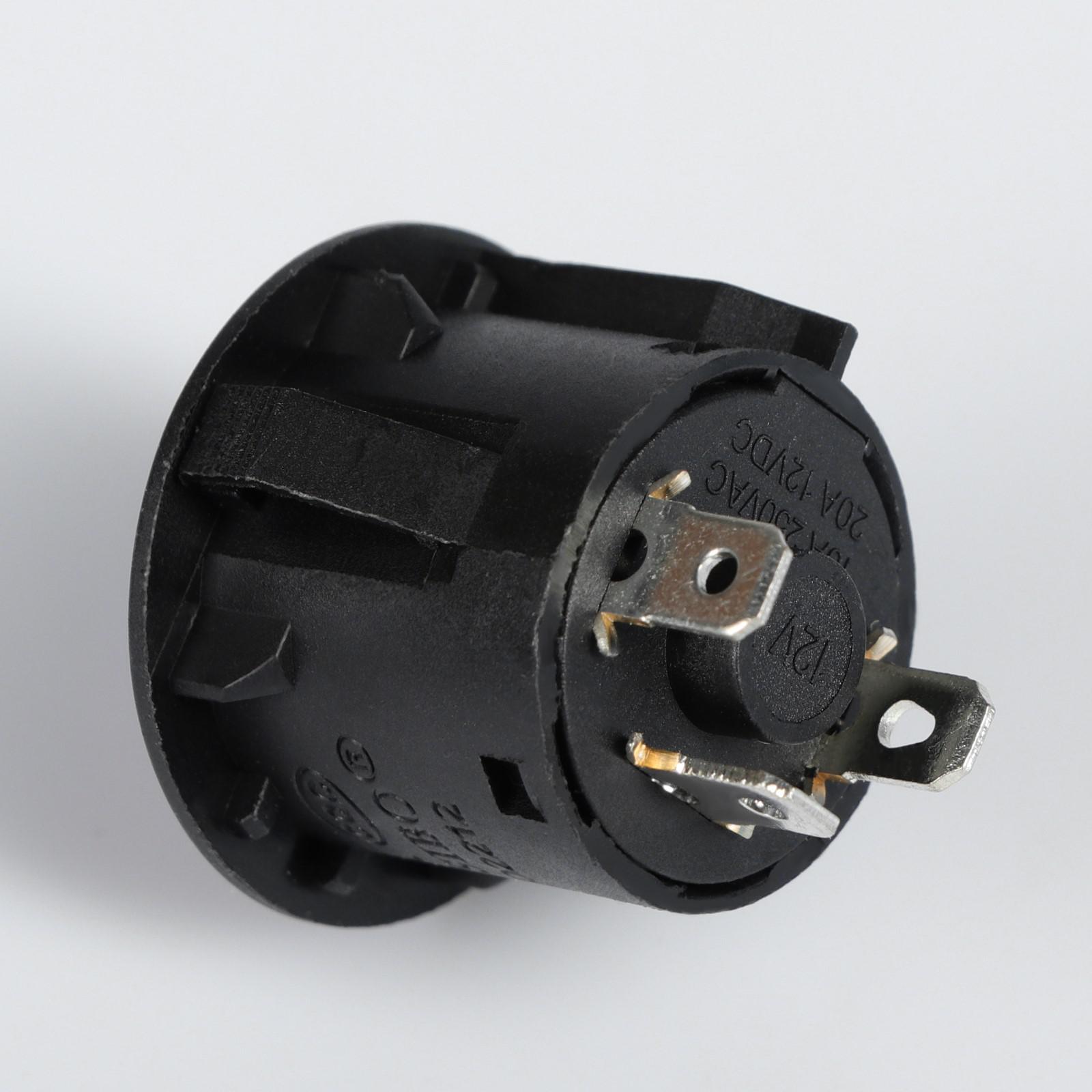 Кнопка-выключатель с фикс., с подсветкой 12V, круглая 26мм, 3pin, 10A 250VAC, 20A 12VDC