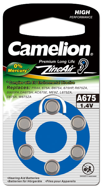 Элемент питания Camelion ZA675 (G13)  1,4V для слуховых апаратов 620mAh, 0%Hg  1шт
