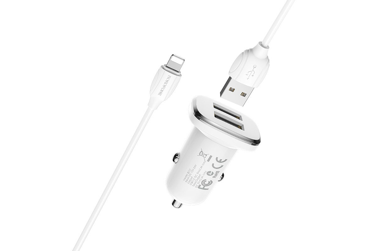Адаптер 12V => 2*USB (5V; 2,4А) Borofone + кабель Iphone 5