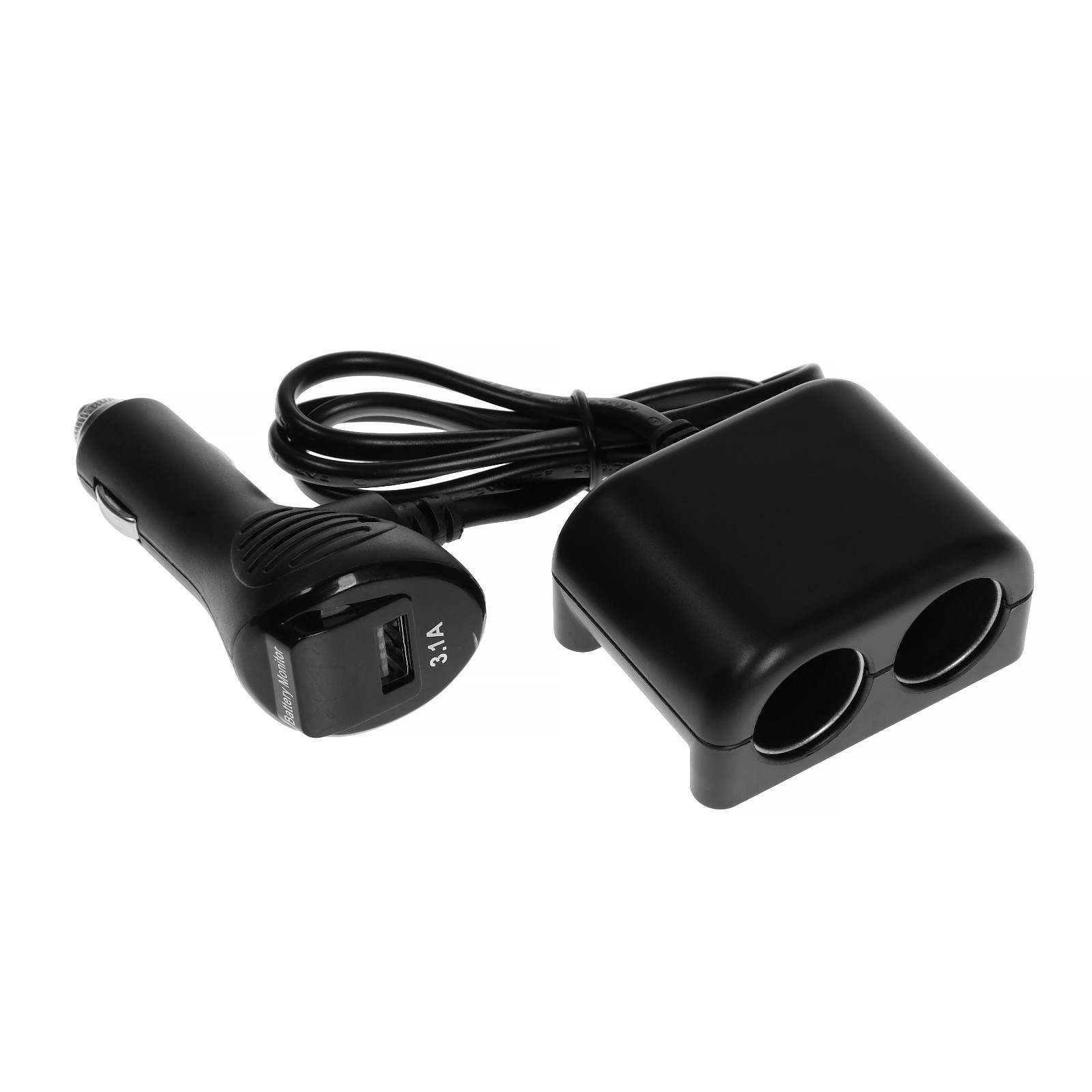 Переходник прикуривателя 2 гнезда + 1 гнездо USB 3,1А, + вольтметр 12V, провод 70см