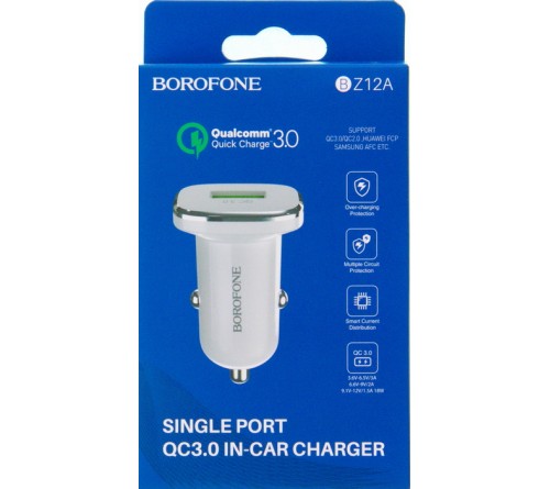 Адаптер 12V => 1*USB 3A, QC3.0, белый BZ12A 'Borofone'