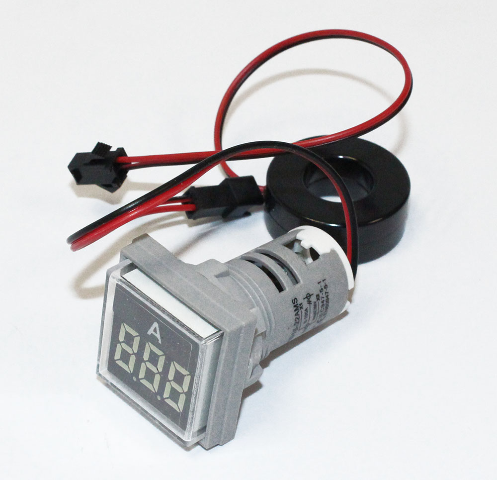 Амперметр LED AC-50Hz 0-100A 220V датчик тока DMS-221 БЕЛЫЙ дисплей 30х30мм, Dустан- 22мм, квадратный