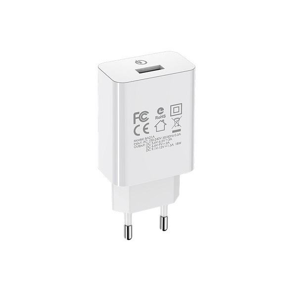 Адаптер 220V => 1*USB 5V 3A Borofone BA21A QC3.0 белый, без шнура
