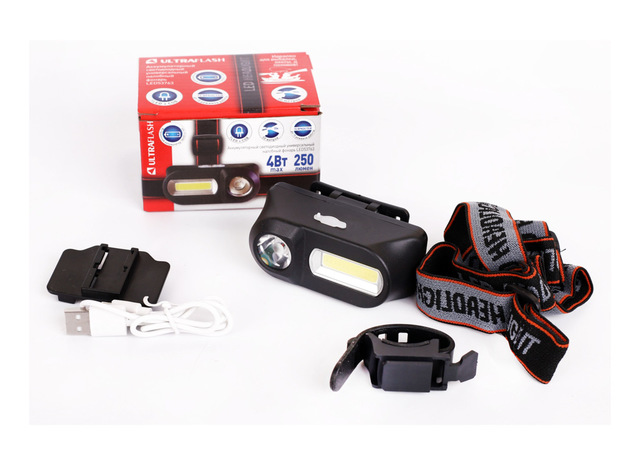 Фонарь налобный аккумуляторный Ultraflash LED53763,  3,7В, черный, XPE + COB LED, 3+3 Ватт, 15 реж., крепл., бокс