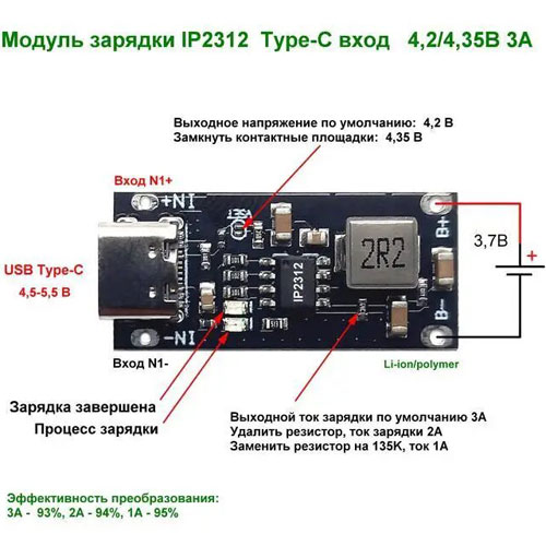 Модуль для зарядки Li-ion акк.18650. (пит.тип С) IP2312 4,2, 3А встроенная защита