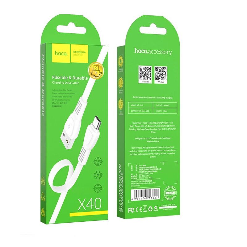Шнур шт.microUSB-шт.USB 2,4А, 1м Hoco X40 белый