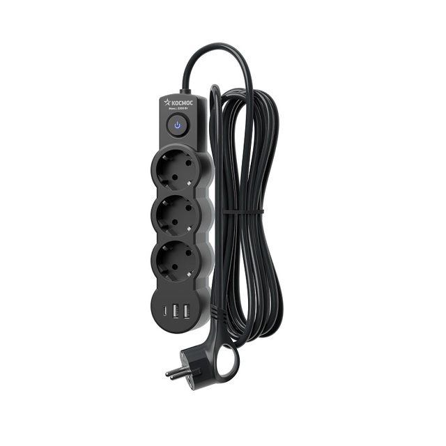 Сетевой удлинитель 3гн 3м ПВС 3*1 с/з , ВЫКЛ, USB, 10A, 2,8кВт 'Космос' черный