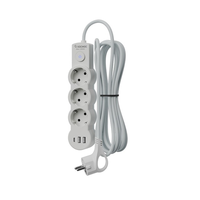 Сетевой удлинитель 3гн 3м ПВС 3*1 с/з , ВЫКЛ, USB, 10A, 2,8кВт 'Космос' черный