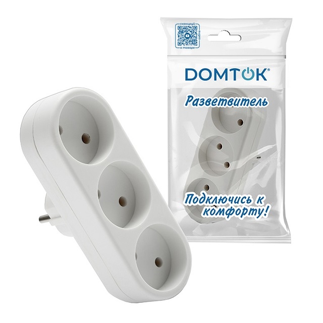 Разветвитель электр. 3гн б/з DOMTOK 2200Вт 250В плоский белый