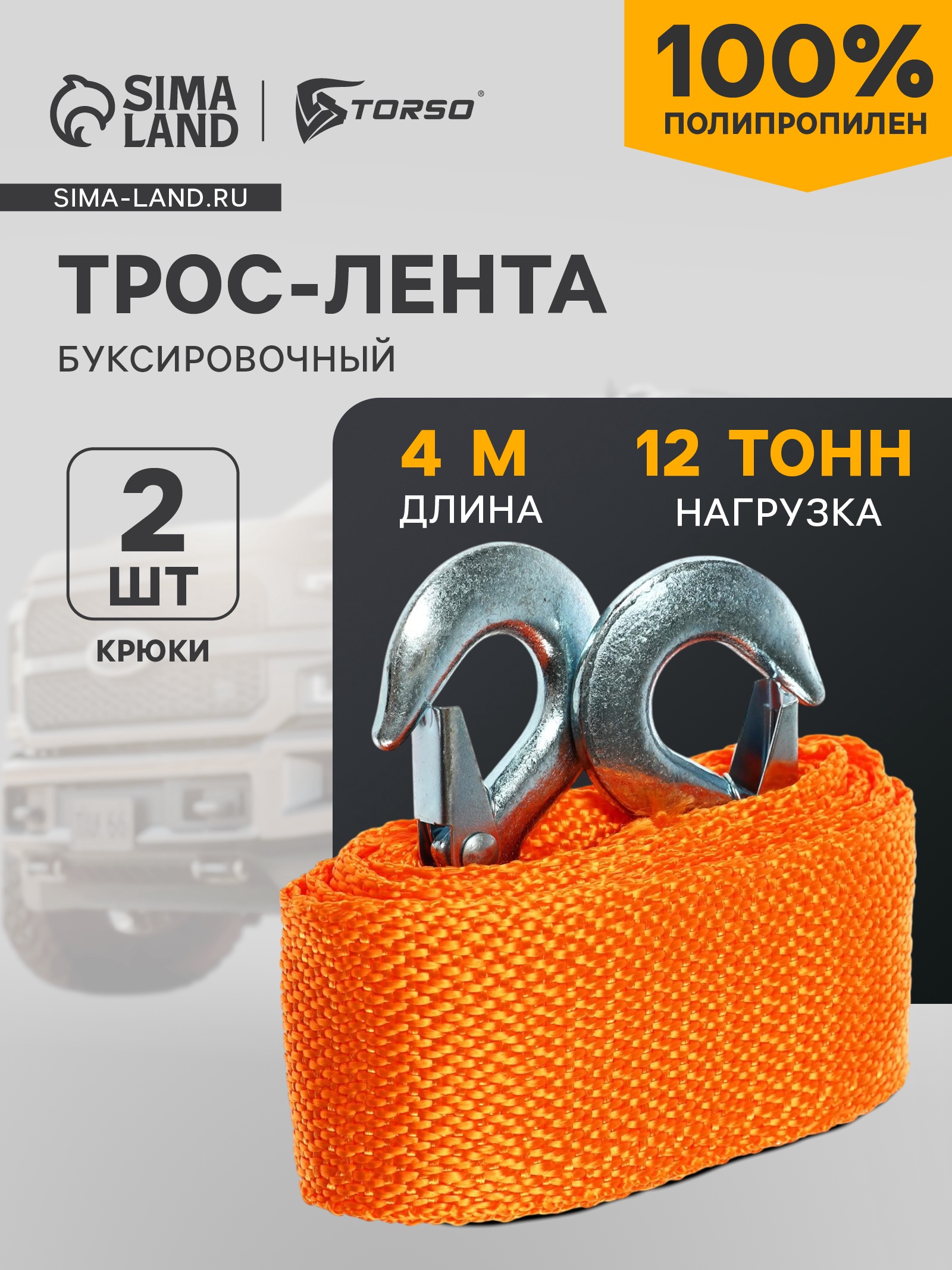 Трос-лента буксировочный 12т, 4м, 2крюка, TORSO