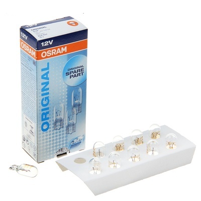 Автолампа галогенная T10 (W2,1-9,5d), W5W, 12V, 5W, Osram, (габарит, поворот, номер) (б/ц.большая).1шт